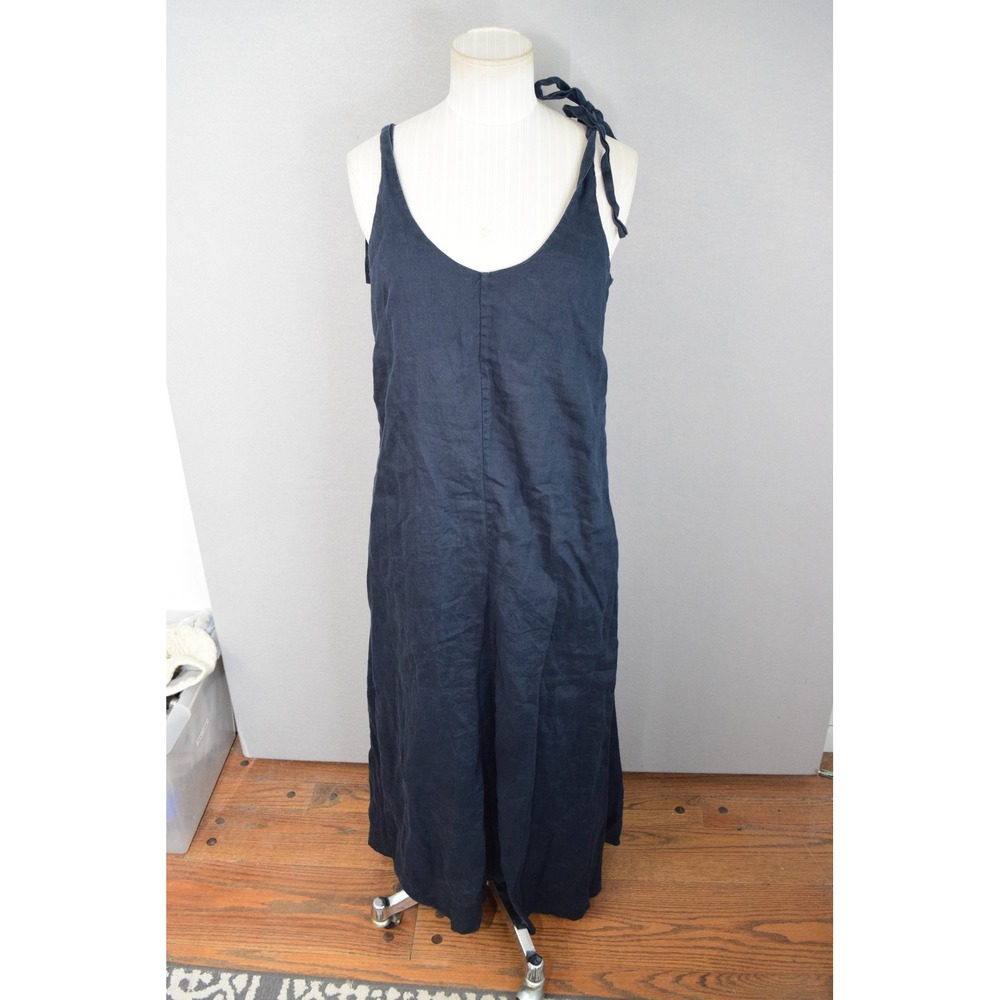 BOTEH Dress 1 XS Navy Blue Linen Tie Shoulder Wide Leg Lagenlook Open Back